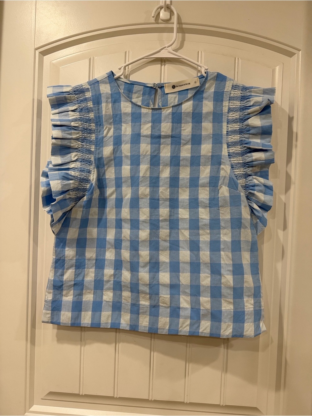 EUC The Impeccable Pig Blue and White Gingham Ruffle Sleeve Top - Picture 1 of 6